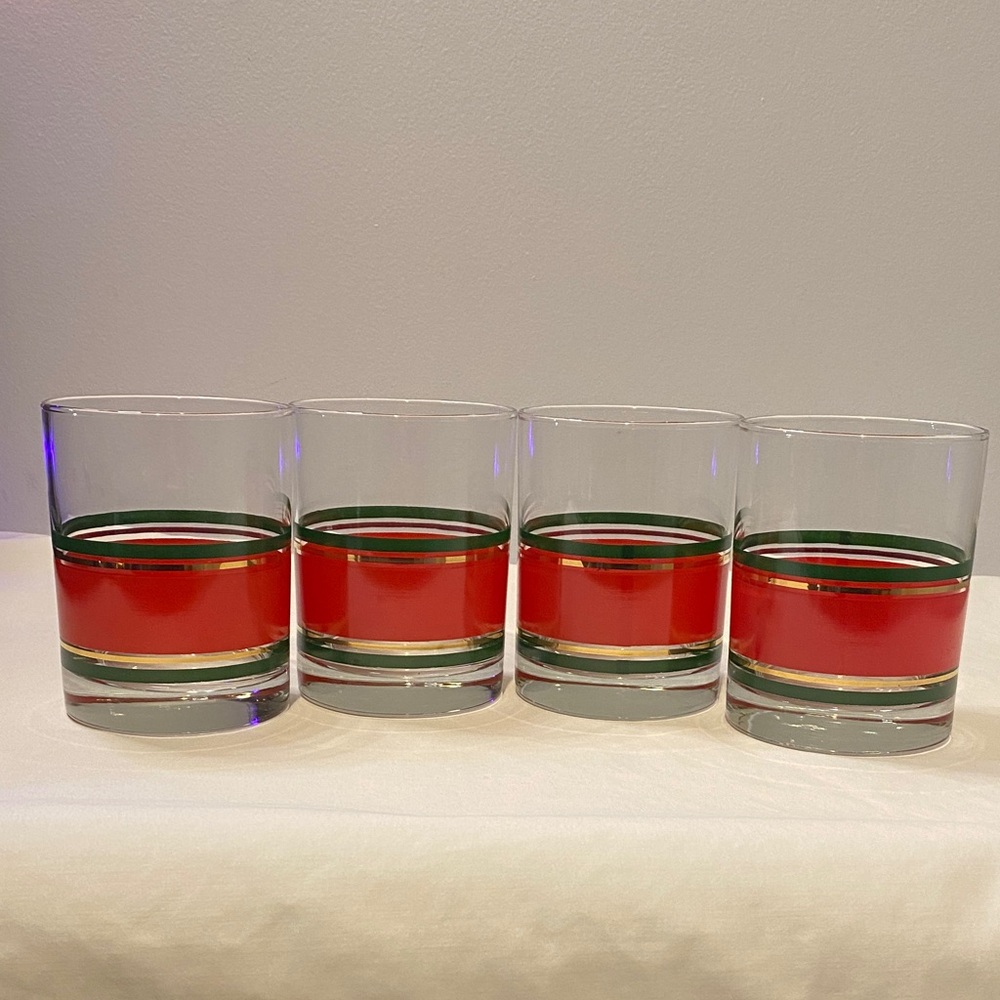 Vintage Culver Christmas Ribbon double old-fashioned glass, MCM set of 4